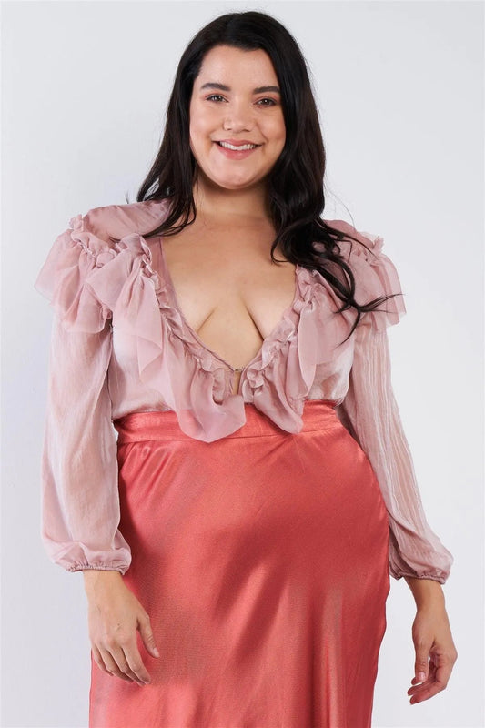 Plus Size Dusty Pink Sheer Silk Bodysuit