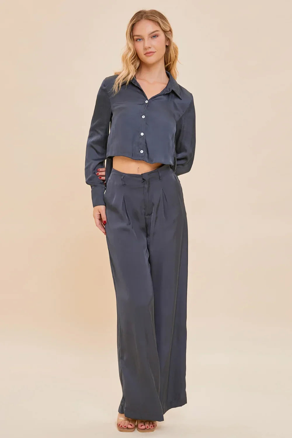 Navy Dreams Cropped Satin Button-Up Shirt