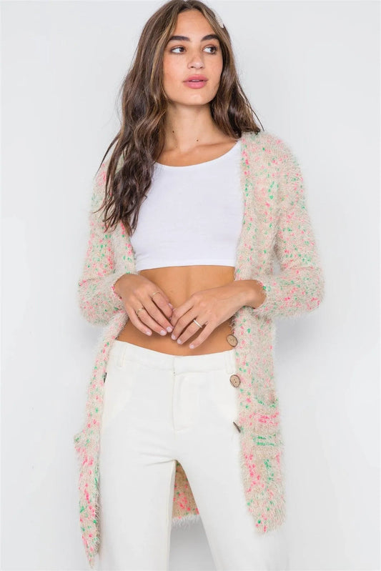 Cream Multi Fuzzy Knit Button-Front Cardigan