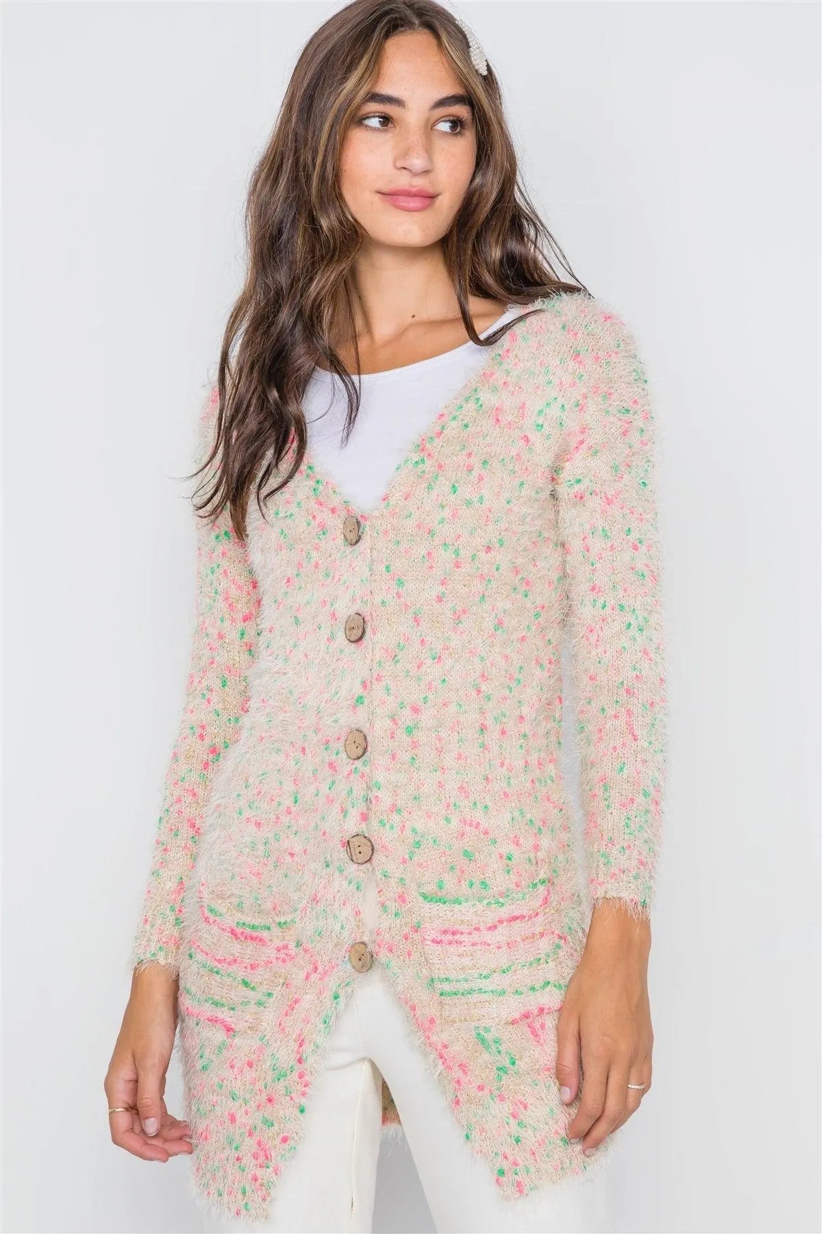 Cream Multi Fuzzy Knit Button-Front Cardigan
