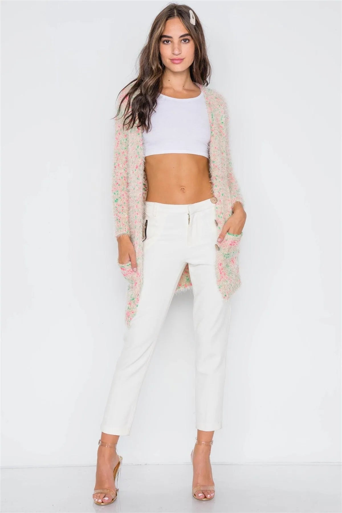 Cream Multi Fuzzy Knit Button-Front Cardigan