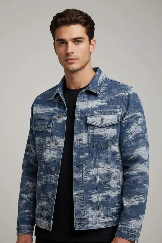Trendy Washed Static Print Denim Trucker Jacket