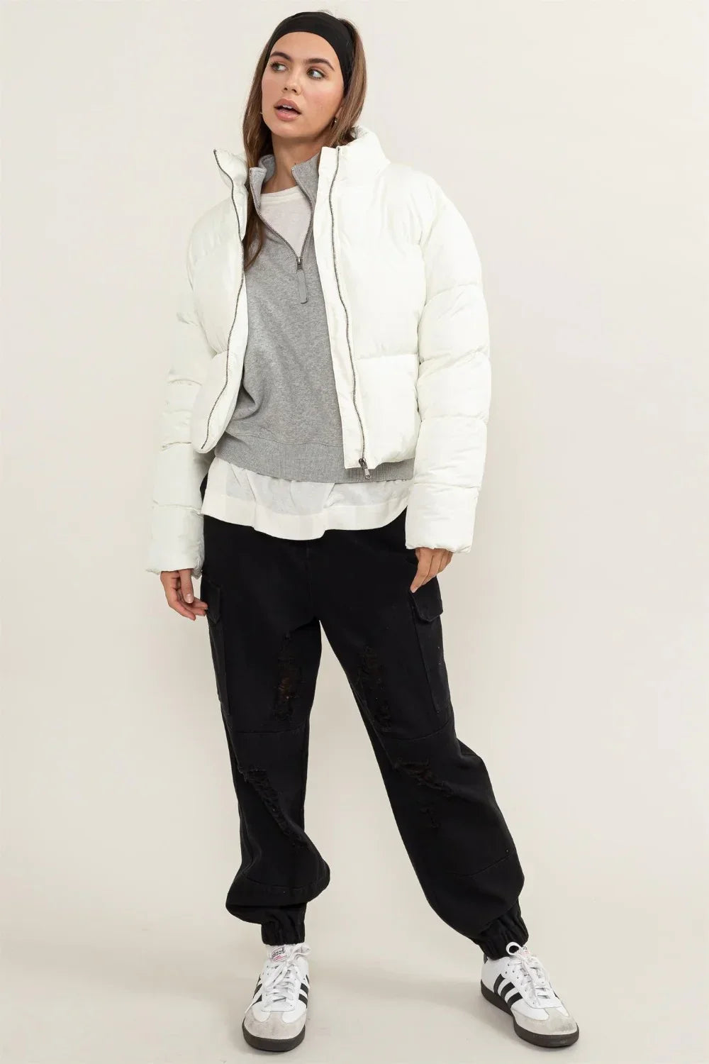 Chic Quilted Cropped Puffer Jacket with Adjustable Waist Tie for Winter