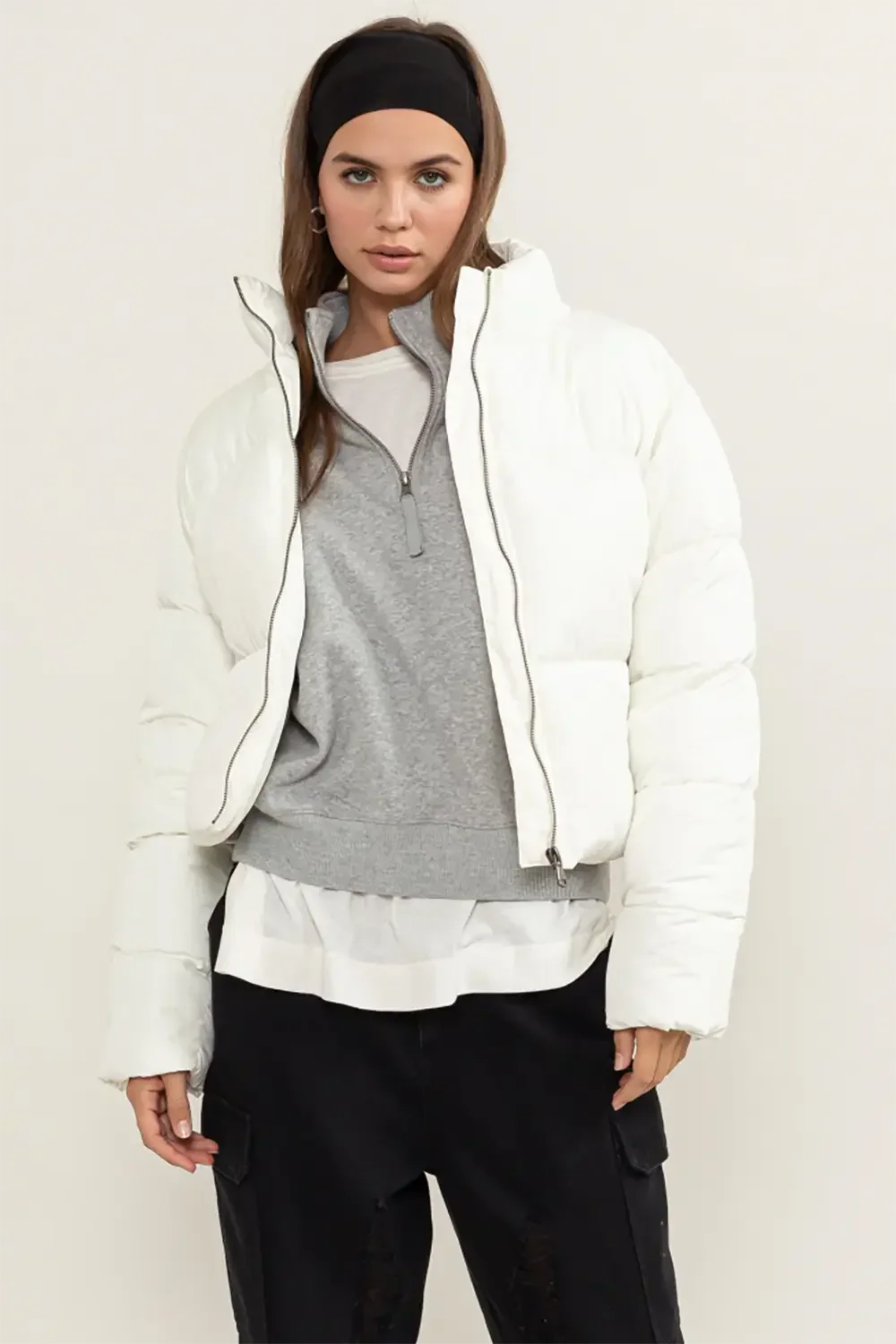 Chic Quilted Cropped Puffer Jacket with Adjustable Waist Tie for Winter