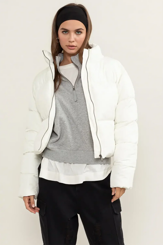 Chic Quilted Cropped Puffer Jacket with Adjustable Waist Tie for Winter