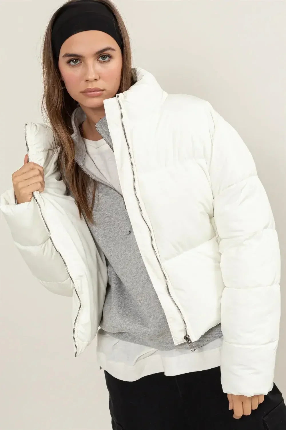 Chic Quilted Cropped Puffer Jacket with Adjustable Waist Tie for Winter