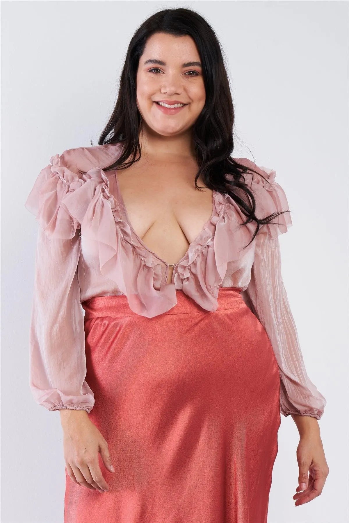 Plus Size Dusty Pink Sheer Silk Bodysuit