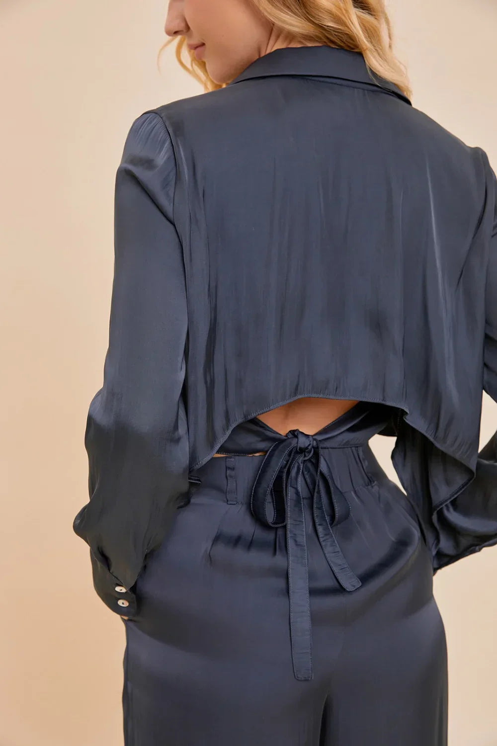 Navy Dreams Cropped Satin Button-Up Shirt