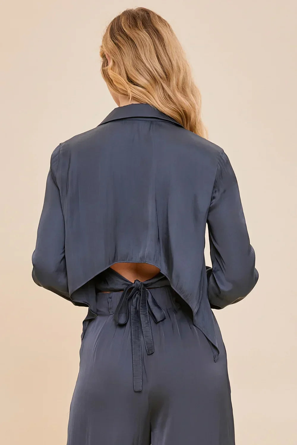 Navy Dreams Cropped Satin Button-Up Shirt