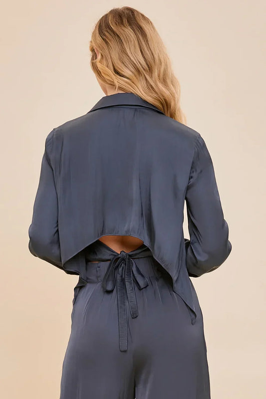 Navy Dreams Cropped Satin Button-Up Shirt