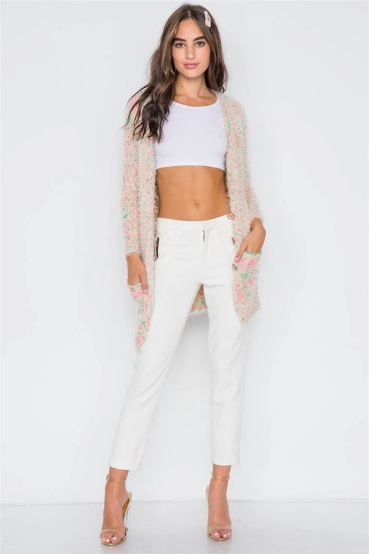 Cream Multi Fuzzy Knit Button-Front Cardigan