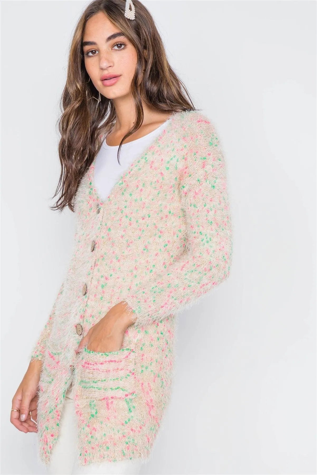 Cream Multi Fuzzy Knit Button-Front Cardigan