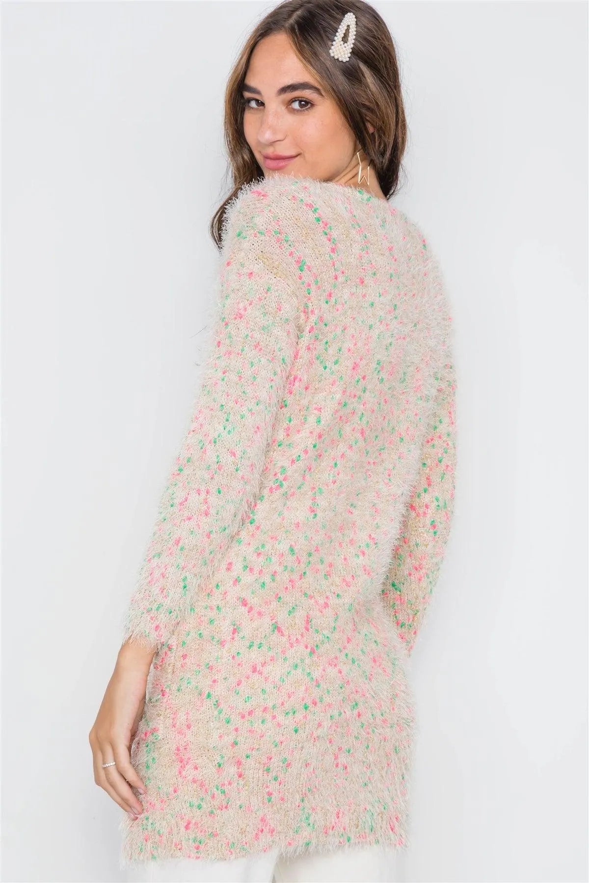 Cream Multi Fuzzy Knit Button-Front Cardigan