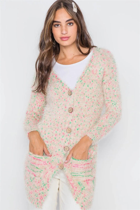 Cream Multi Fuzzy Knit Button-Front Cardigan