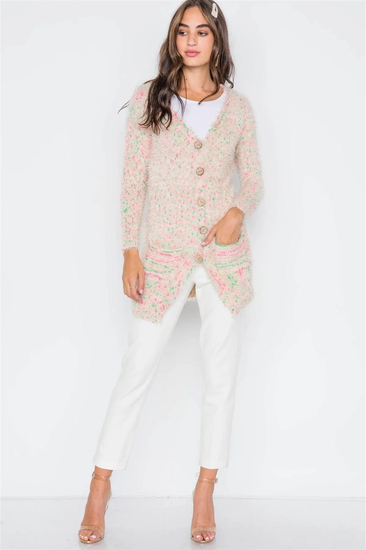 Cream Multi Fuzzy Knit Button-Front Cardigan